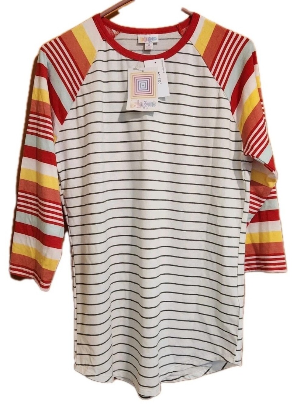 NWT LuLaRoe Randy Baseball Tee Shirt Medium M Black White Striped Red 3/4 Raglan